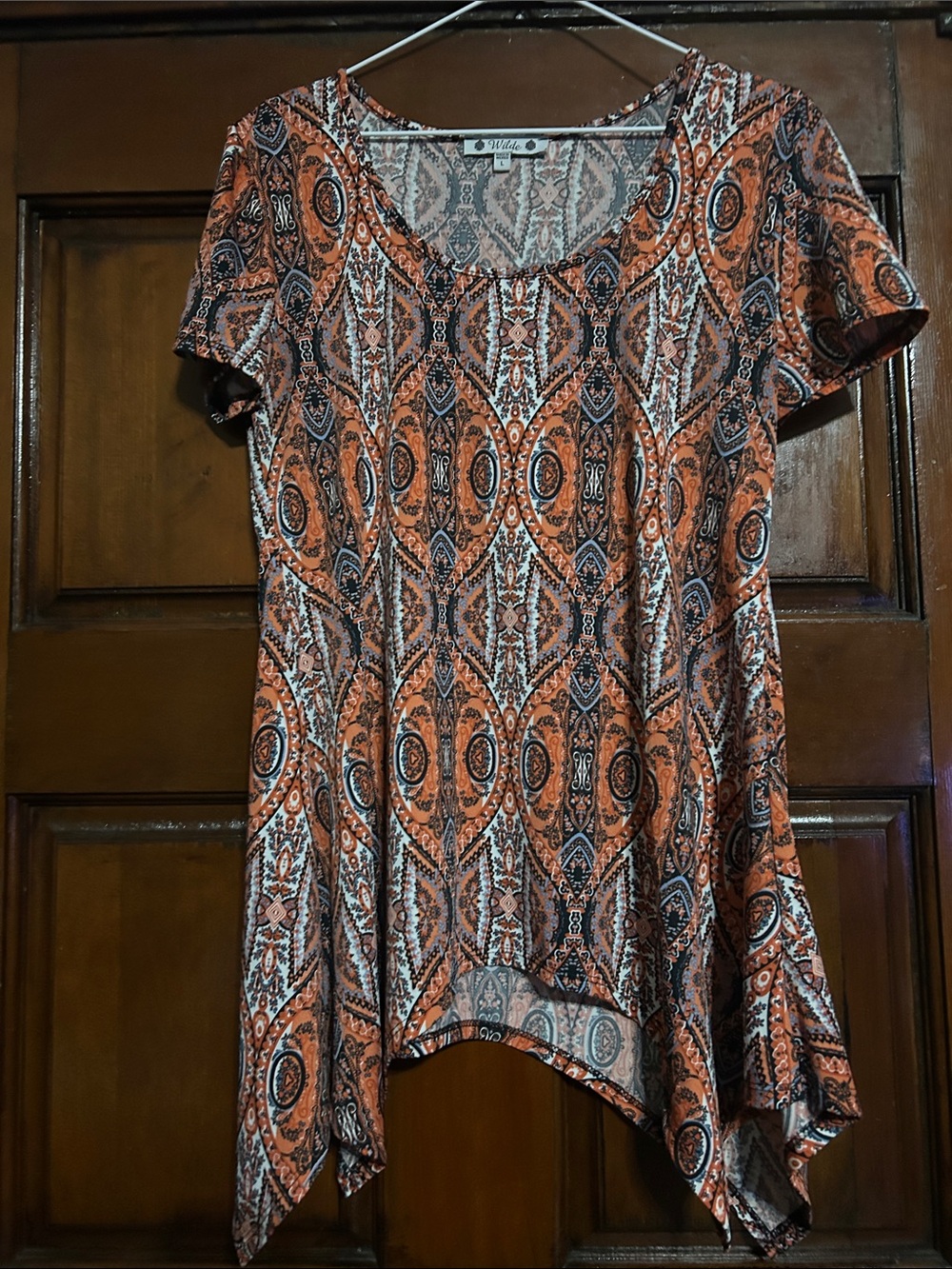 Scoop Neck Short Sleeve Tunic in Orange Medallion Print by White Stag